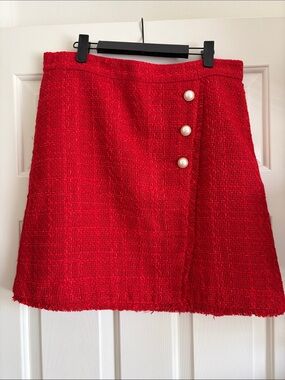 Ann Taylor Red Tweed Mini Skirt with Pearl Buttons